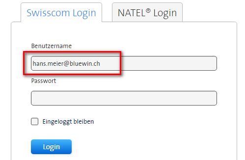Swisscom/Bluewin Login: E-Mail Adresse eingeben